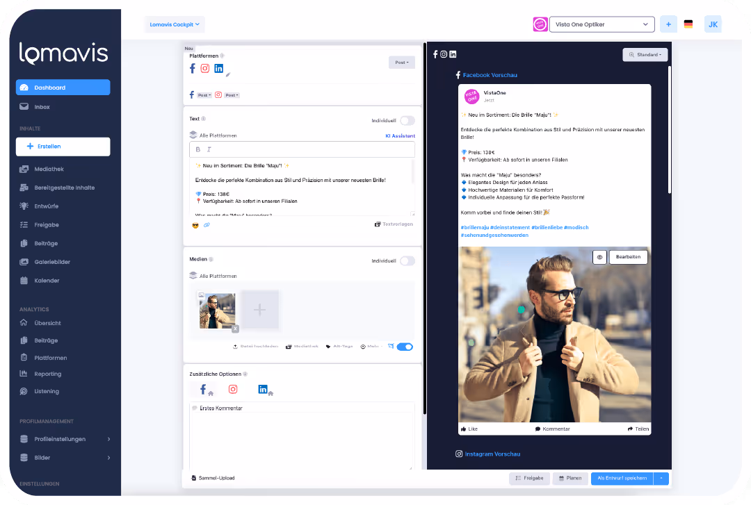 Benutzeroberfläche von Lomavis mit Dashboard-Menü links, Text- und Medieneditor in der Mitte und Vorschau eines Facebook-Beitrags mit Bild eines Mannes in Sonnenbrille rechts.