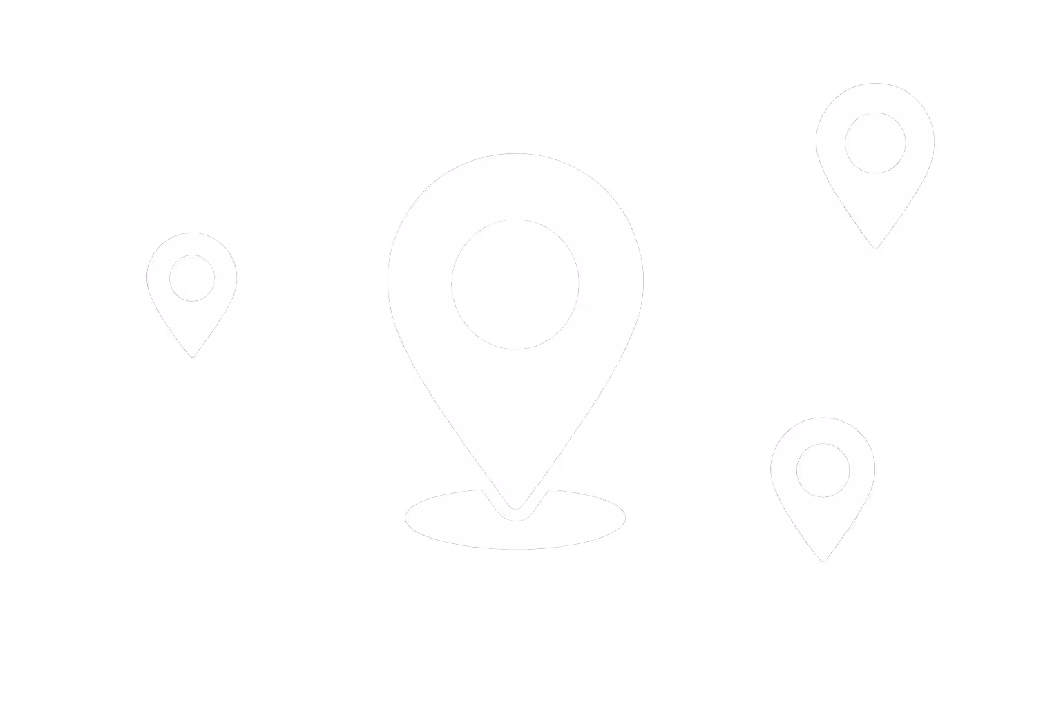 Vier weiße Standort-Pin-Symbole auf schwarzem Hintergrund, mit einem großen in der Mitte.