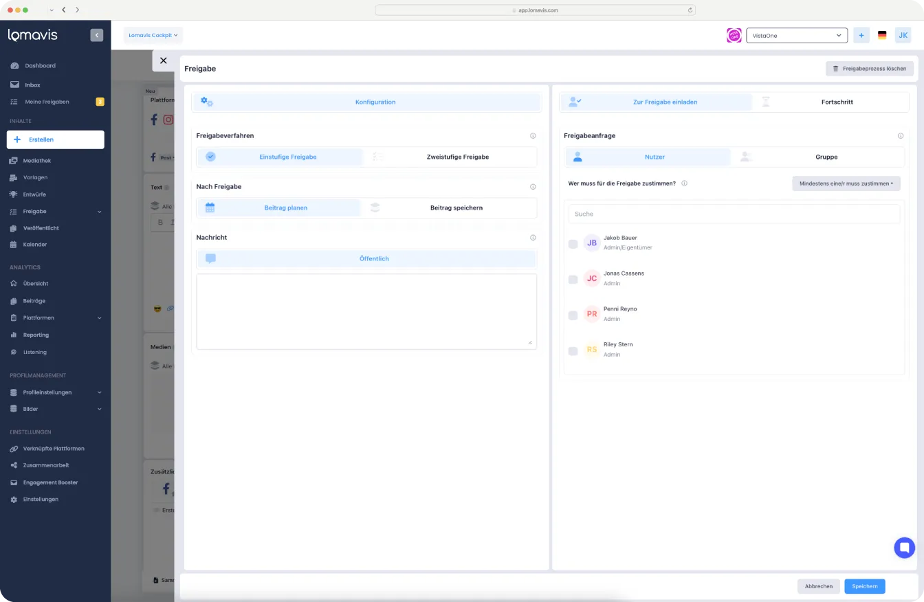 Konfigurationsansicht für den Freigabeprozess mit Auswahl von Prüfern und Einstellungen