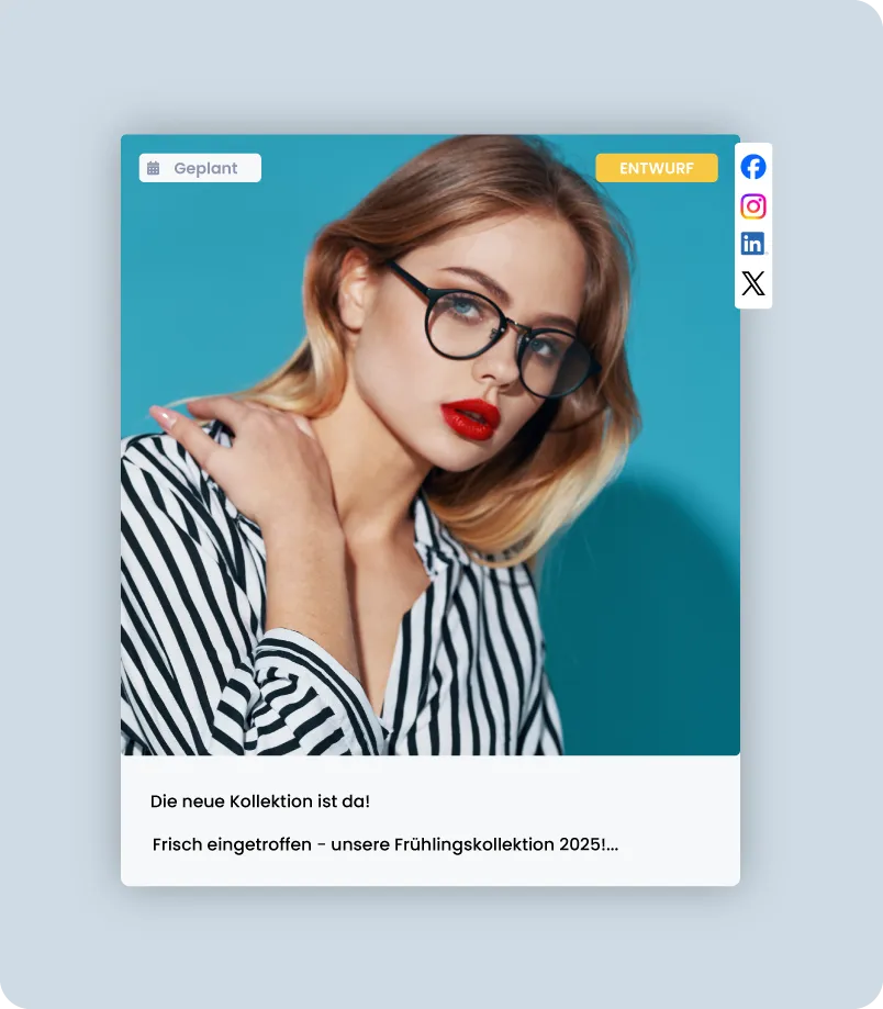 Entwurf eines Social-Media-Beitrags mit Bildvorschau, Text und Plattformauswahl im Creator