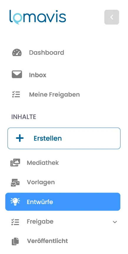 Navigationsbereich zur Erstellung, Bearbeitung und Planung von Social-Media-Beiträgen