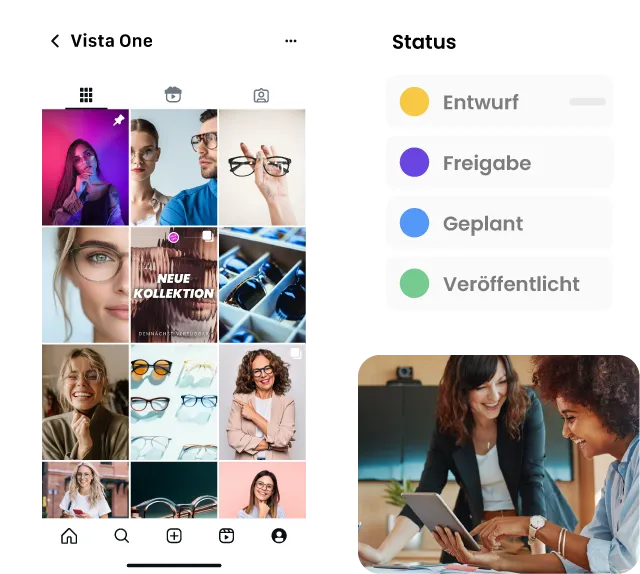 Feed-Vorschau und Statusanzeige zur visuellen Planung von Social-Media-Beiträgen 