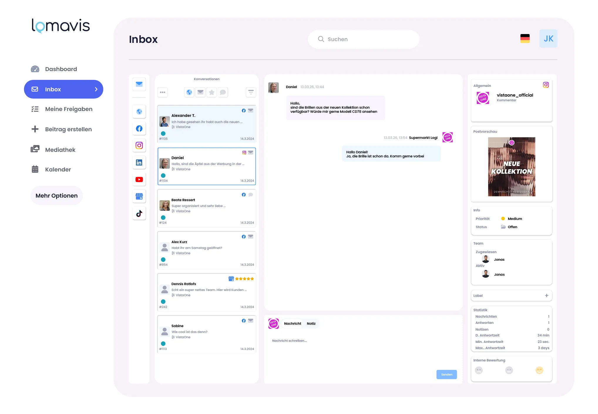 Multi-Channel-Inbox mit zentraler Übersicht über Nachrichten, Kommentare und Bewertungen aus mehreren Social-Media-Plattformen