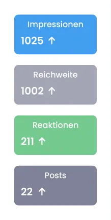 Kennzahlenübersicht mit Impressionen, Reichweite, Reaktionen und Anzahl der veröffentlichten Beiträge