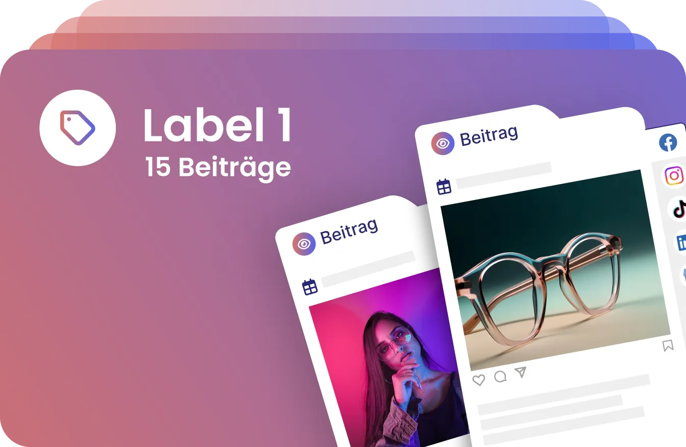 Label-Übersicht mit Anzahl der zugeordneten Beiträge und Vorschau von Social-Media-Posts