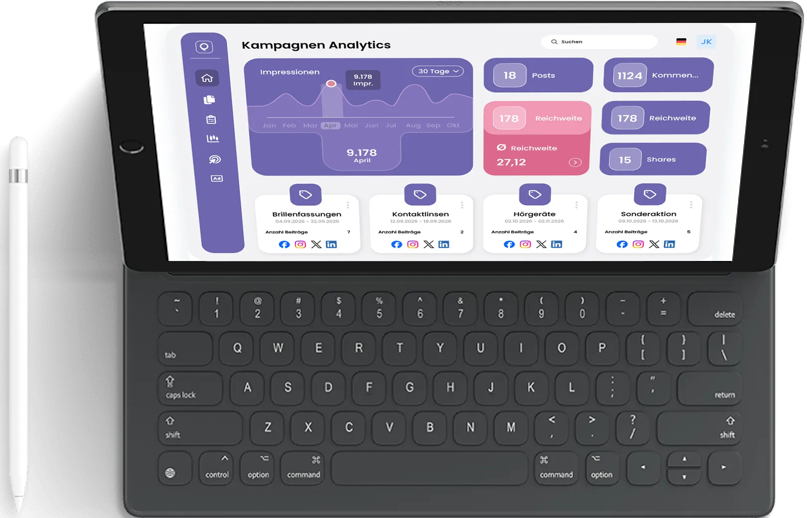 Social-Media-Listening-Dashboard mit Vergleichstabelle und Performance-Daten mehrerer Profile