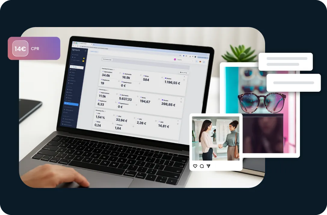 Laptop mit Analytics-Dashboard auf dem Bildschirm und zwei Frauen, die sich in einem Bildausschnitt die Hand schütteln, neben einer Nahaufnahme einer Brille.
