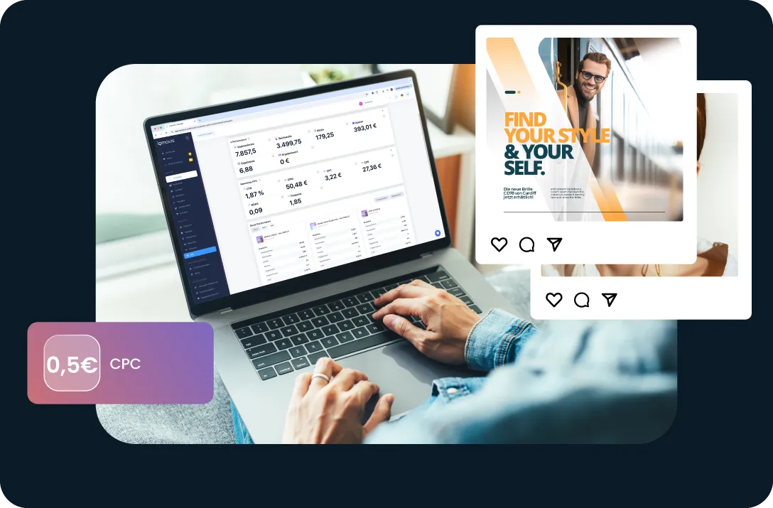 Werbekampagnen-Dashboard mit Leistungswerten und hervorgehobenen Kosten pro Klick