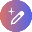 Weißes Stift-Symbol mit Glanz auf rundem Farbverlauf-Hintergrund von Rosa zu Blau.
