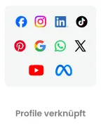 Symbole von elf sozialen Medienplattformen, darunter Facebook, Instagram, LinkedIn, TikTok, Pinterest, Google, WhatsApp, X, YouTube und Meta.