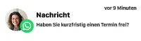 WhatsApp-Nachricht von einer Frau mit Foto, die fragt: 'Haben Sie kurzfristig einen Termin frei?'