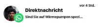 WhatsApp-Direktnachricht mit Text ‚Sind Sie auf Wärmepumpen spezi...‘ und Profilbild eines Mannes mit dunkler Haut und kurzem Haar.