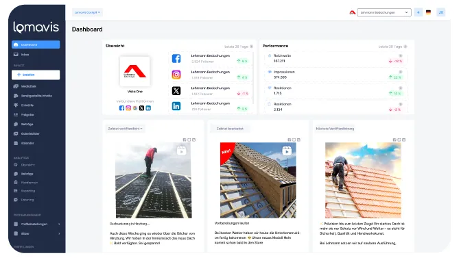 Dashboard einer Handwerks-Management-Software mit Übersicht von sozialen Medien, Leistungskennzahlen und aktuellen Baustellenfotos.