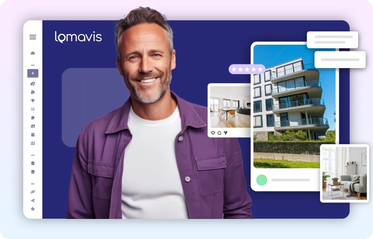 Ein lächelnder Mann mit graumeliertem Haar und Bart, bekleidet mit weißem T-Shirt und lila Jacke, vor einem digitalen Immobilien-Dashboard mit Bildern von Wohnungen und einem fünf-Sterne-Bewertungssymbol.