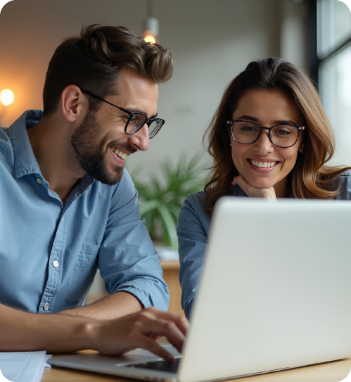 Lächelnder Mann und Frau mit Brillen, die gemeinsam an einem Laptop arbeiten.