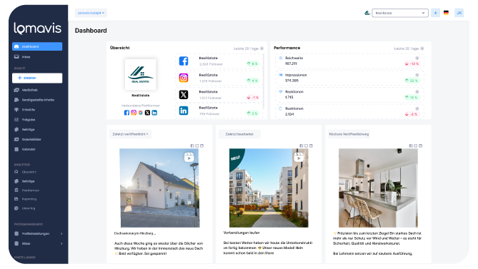Dashboard der Lomavis-Immobilienverwaltung mit Überblick zu Social-Media-Followern, Leistungskennzahlen und aktuellen Immobilienprojekten.
