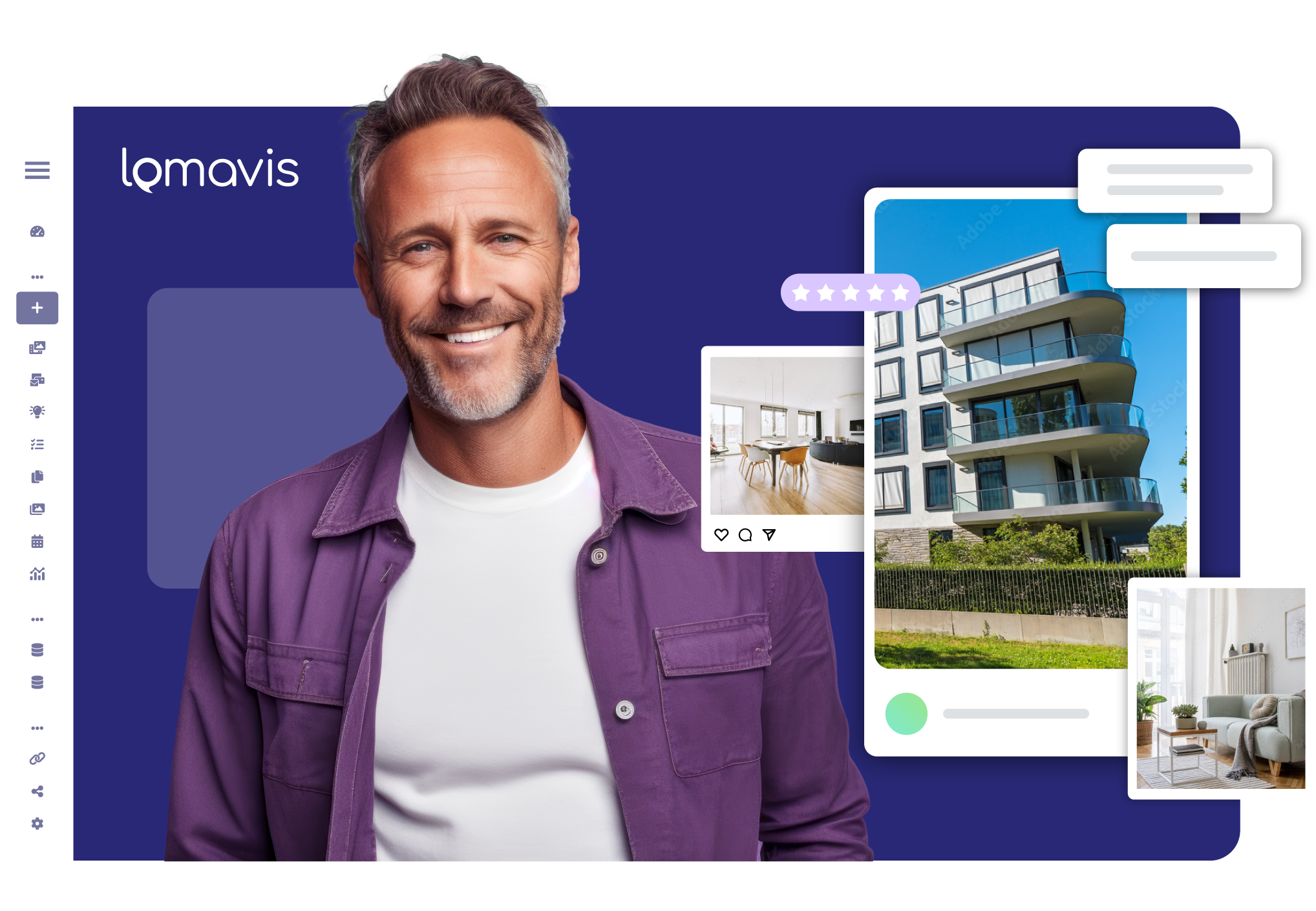 Lächelnder Mann vor einer Webseite mit Immobilienfotos und Bewertungssymbolen.