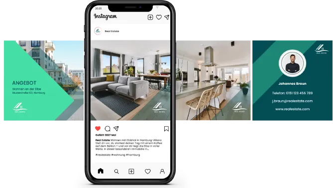 Instagram-Beitrag auf einem Smartphone zeigt modernes Wohnzimmer mit großen Fenstern und Blick auf Hamburg-Altona neben Bildern einer modernen Küche und Kontaktdetails von Johannes Braun, Immobilienangebot in der Musterstraße 103, Hamburg.