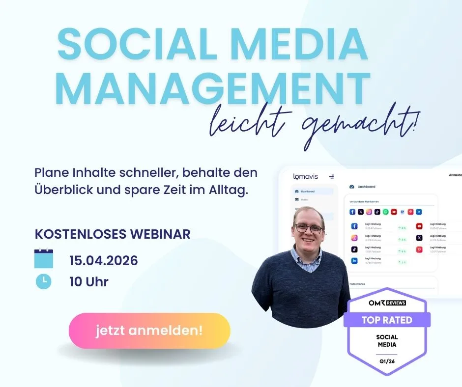 Werbebild für kostenloses Social Media Management Webinar am 15.04.2026 um 10 Uhr mit Bild eines lächelnden Mannes, Anmeldebutton und OMR Top Rated Siegel.