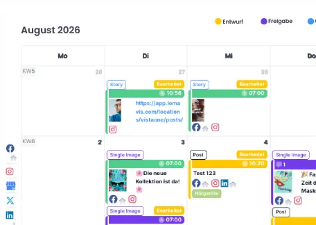 Screenshot eines Social-Media-Planungskalenders für August 2026 mit farblich markierten Beiträgen und Statusanzeigen.