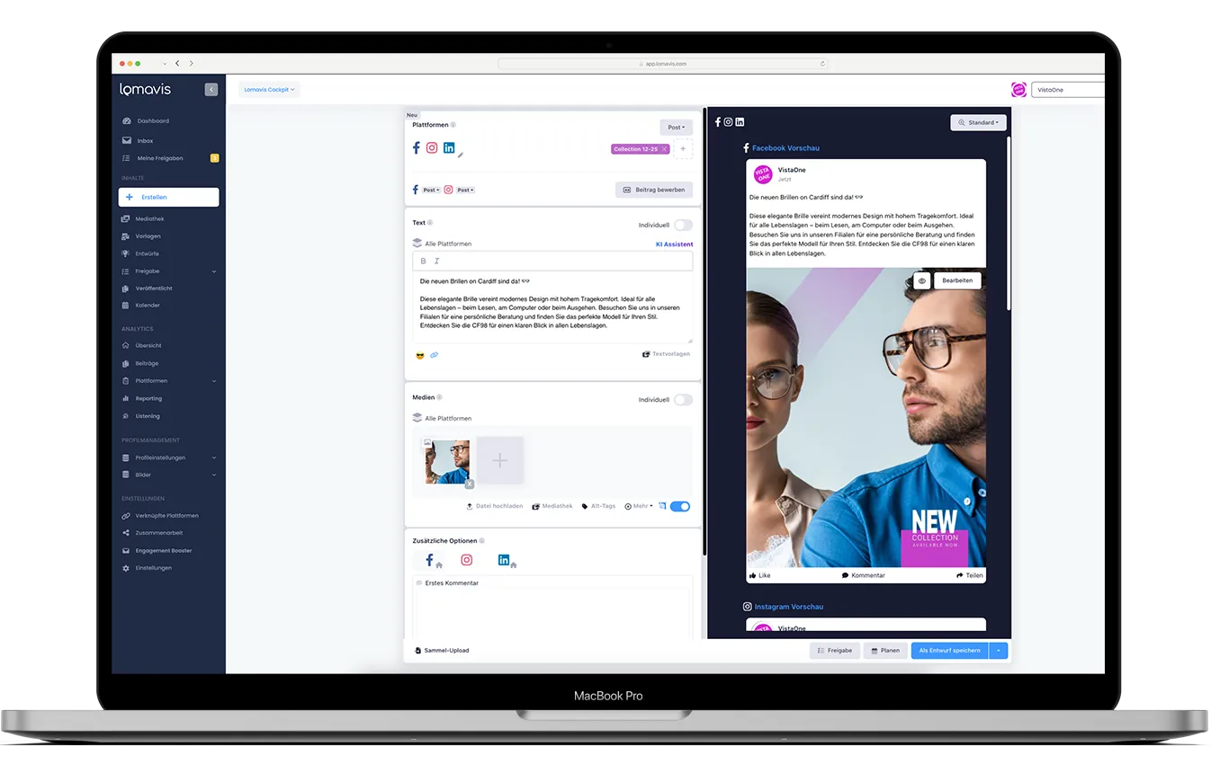 MacBook Pro zeigt Social-Media-Management-Software von Lomavis mit Beitragseditor, Medienauswahl und Vorschau für Facebook und Instagram.