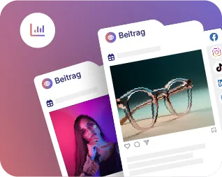 Zwei Social-Media-Beiträge, einer mit Porträtfoto einer Frau mit lila Hintergrund, der andere mit einem Bild von runden Brillengläsern auf einem Tisch.