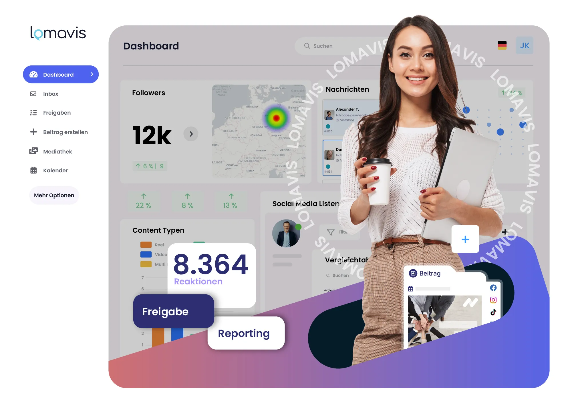 Junge Frau hält Kaffeebecher und Laptop vor Dashboard mit Social-Media-Statistiken und Analyse.