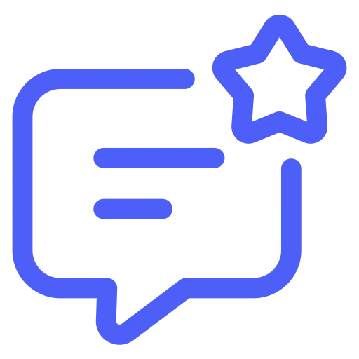 Blaues Symbol einer Sprechblase mit einer Sternform an der oberen rechten Ecke.