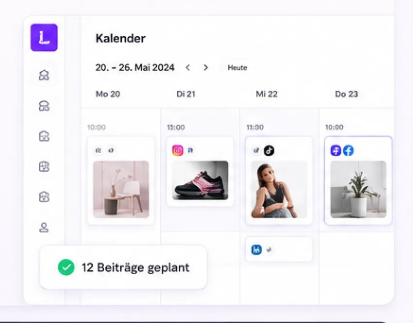 Kalender zeigt geplante Beiträge mit Fotos und Uhrzeiten vom 20. bis 23. Mai 2024.