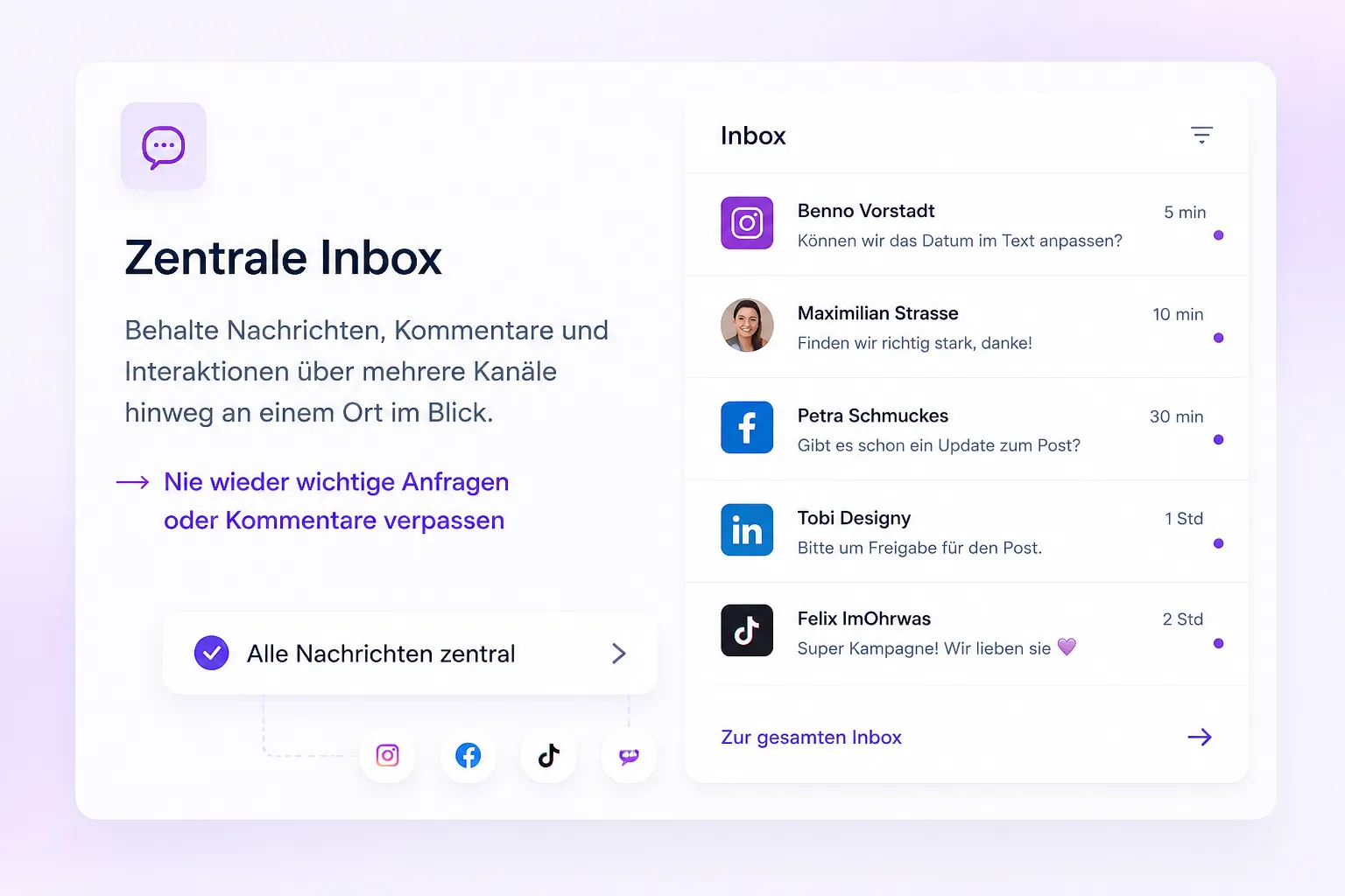 Zentrale Inbox zeigt Nachrichten von Social Media Kanälen mit Namen, Text und Zeitangaben.
