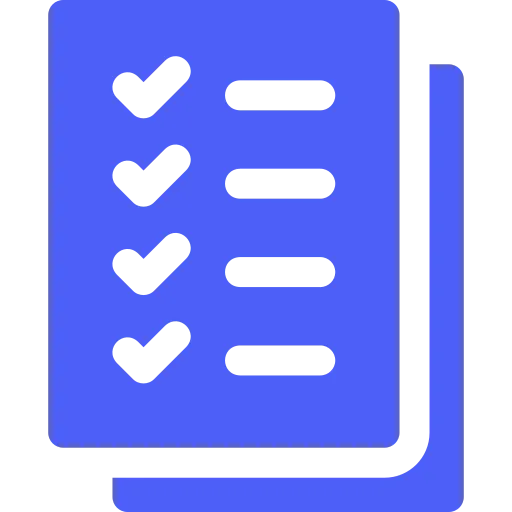 Symbol eines blauen Dokuments mit vier schwarzen Häkchen und Linien als Checkbox-Liste.