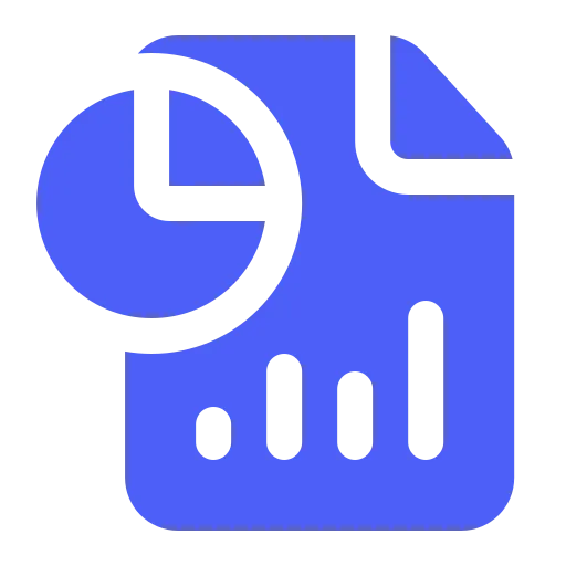 Blaues Dokument-Symbol mit einem Kreisdiagramm und einem Balkendiagramm.