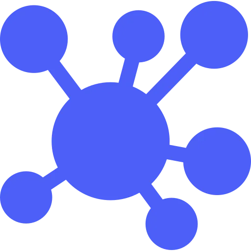 Blaues Netzwerkstruktur-Symbol mit einem zentralen Knoten und mehreren verbundenen Punkten.