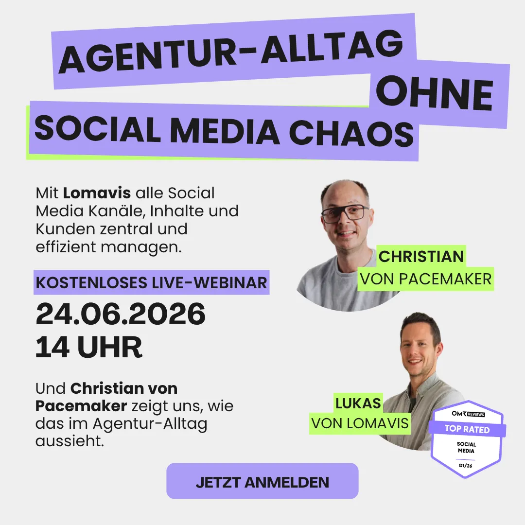 Werbebild für kostenloses Social Media Management Webinar am 15.04.2026 um 10 Uhr mit Bild eines lächelnden Mannes, Anmeldebutton und OMR Top Rated Siegel.