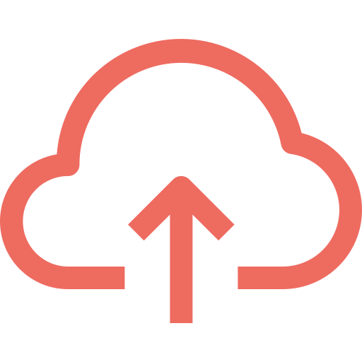 Rotes Wolkensymbol mit einem nach oben zeigenden Pfeil für Cloud-Computing-Upload.