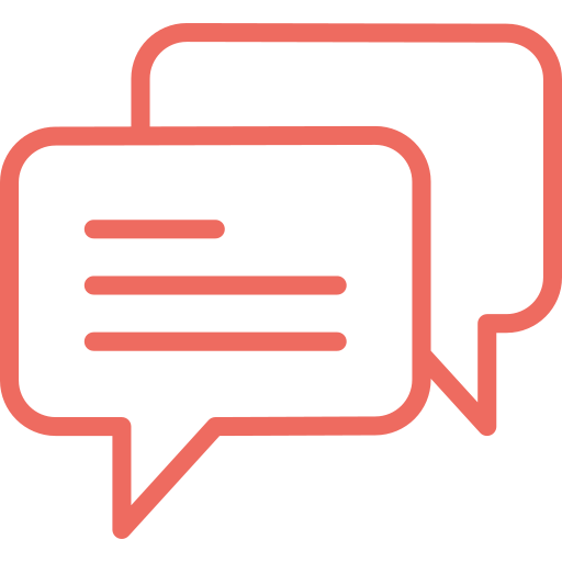 Rotes Symbol mit zwei sich überlappenden Sprechblasen für Chat oder Nachrichten.
