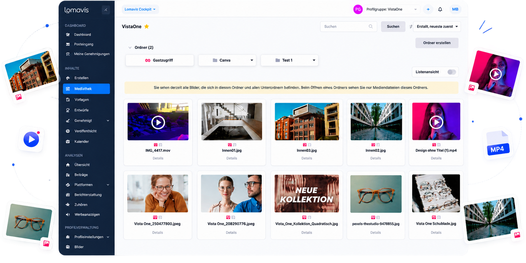 Benutzeroberfläche von Lomavis Media Library mit Vorschaubildern und Videos in Ordnern und Sidebar-Menü.