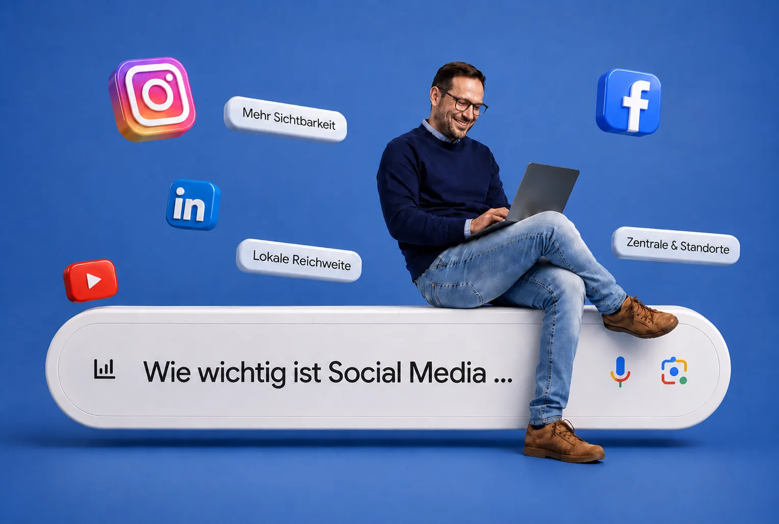 Ein Mann mit Brille, blauem Pullover und Jeans sitzt lächelnd auf einem großen Suchleisten-Widget und tippt auf einem Laptop. Um ihn herum schweben Icons von sozialen Medien Instagram, LinkedIn, Facebook und YouTube sowie Textschaltflächen mit den Worten „Mehr Sichtbarkeit“, „Lokale Reichweite“ und „Zentrale & Standorte“. In der Suchleiste steht die Frage „Wie wichtig ist Social Media ...“ mit Symbolen für Spracheingabe und Bildsuche.