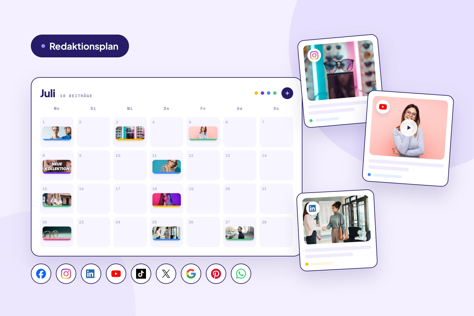 Social Media Redaktionsplan mit Kalender und geplanten Beiträgen für mehrere Social-Media-Kanäle
