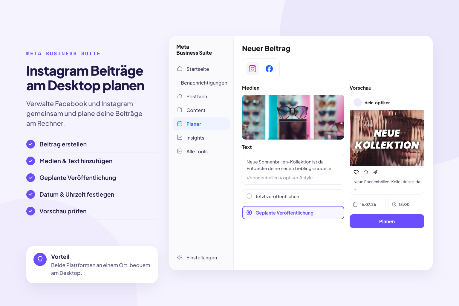 Instagram Beitrag am Desktop in der Meta Business Suite planen