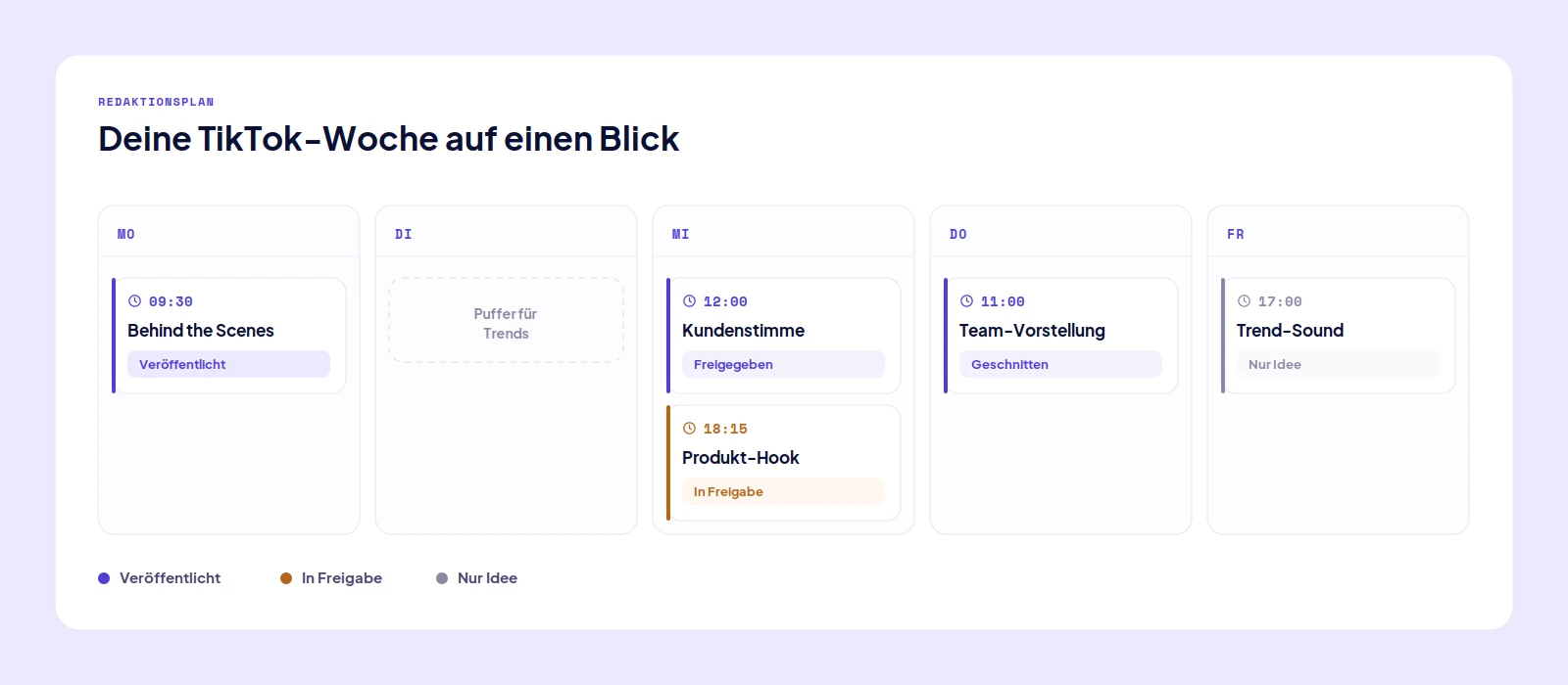 TikTok planen im Wochenkalender: vorgeplante TikTok-Videos mit Uhrzeit und Freigabestatus von Montag bis Freitag