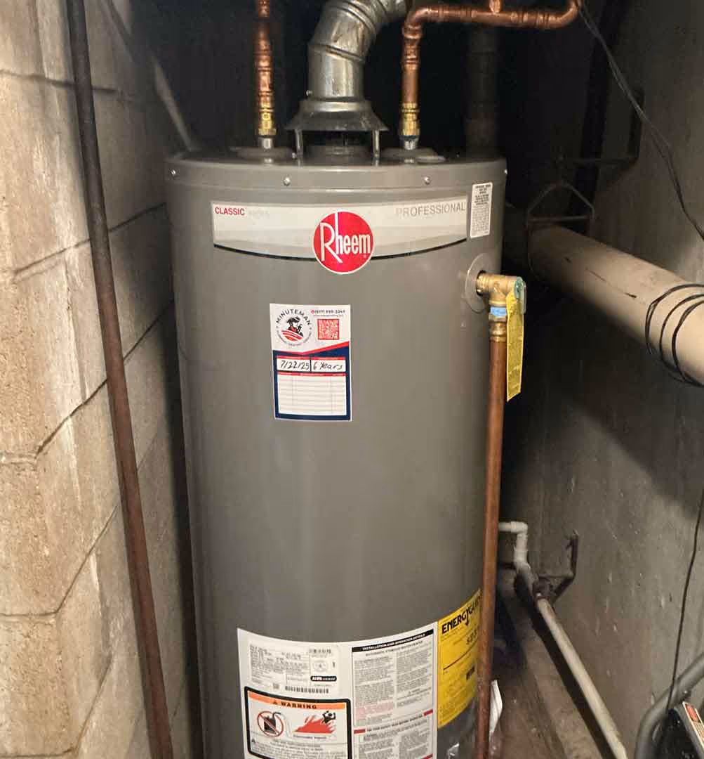 Rheem professional water heater installed by Minuteman Plumbing, featuring copper piping and energy-efficient performance for reliable hot water supply.