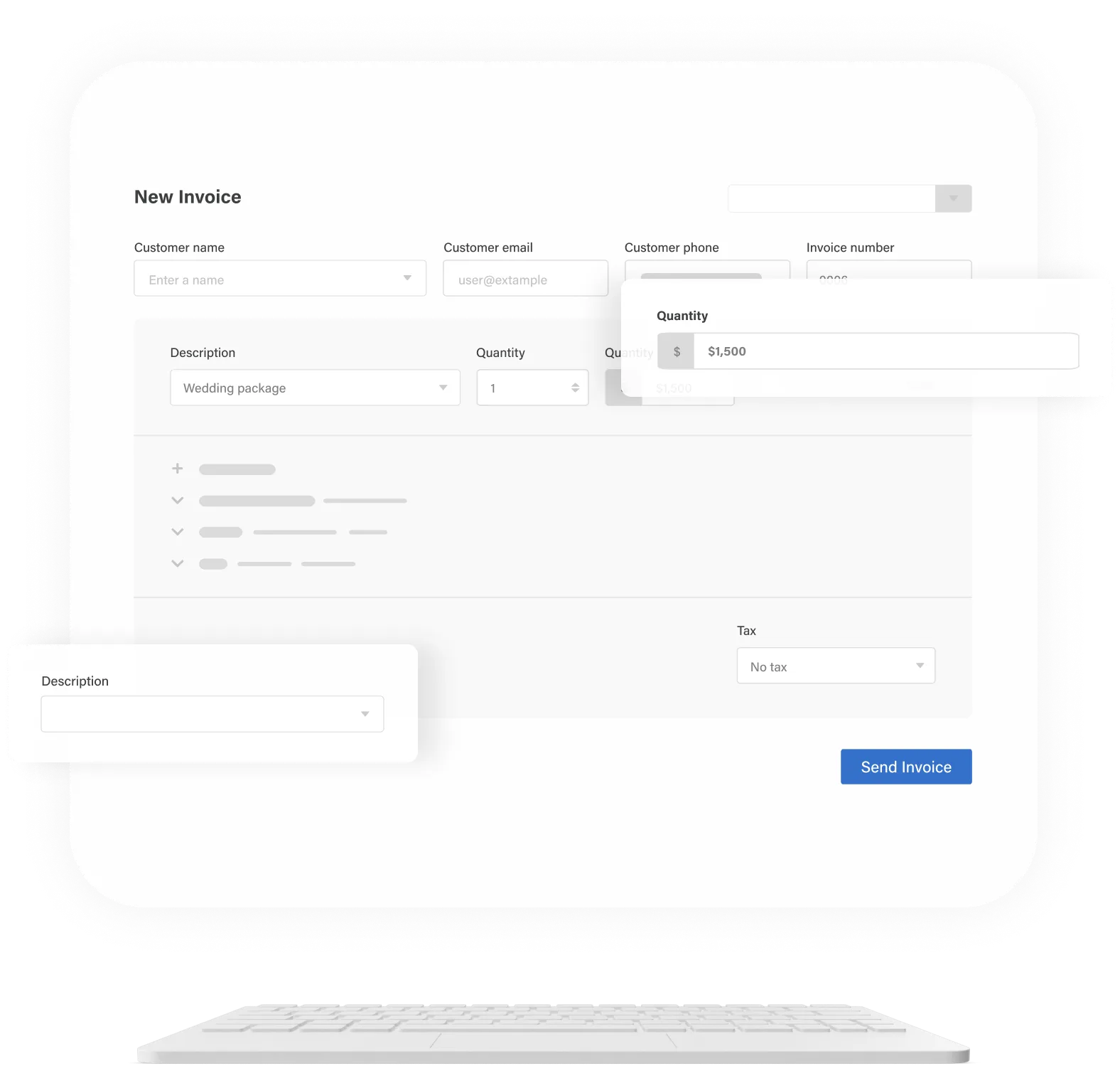 Mockup of the SwipeSimple interface for creating an invoice