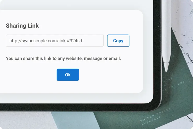Mockup of a screen in which a small business owner can share SwipeSimple Payment Links