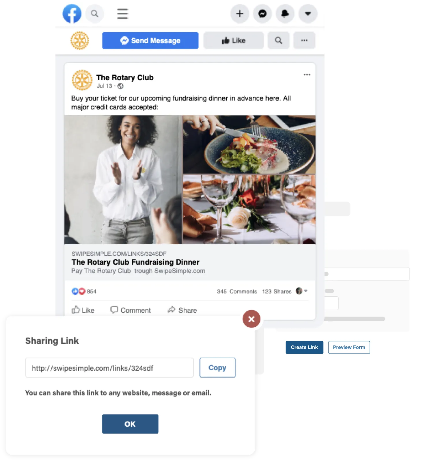 Mockup of a Facebook page from a small business owner, showing a SwipeSimple Payment Link