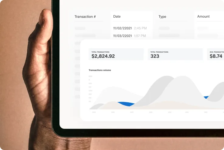 iPad screen showing recent transactions, meant to represent the financial performance of a small business owner