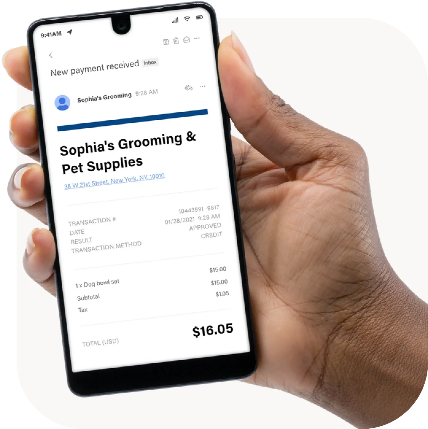 Smart phone showing a receipt for a Payment Link, sent by SwipeSimple