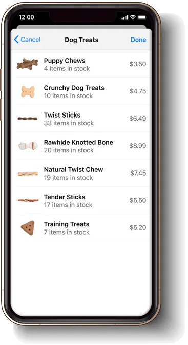 iPhone with Item Catalog from SwipeSimple on the screen