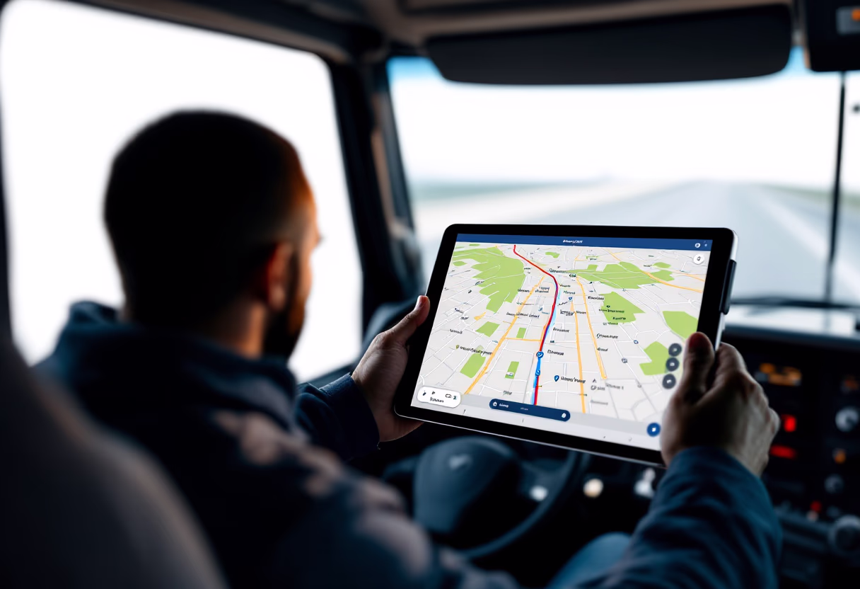Driver using technology in truck cabin to monitor freight operations