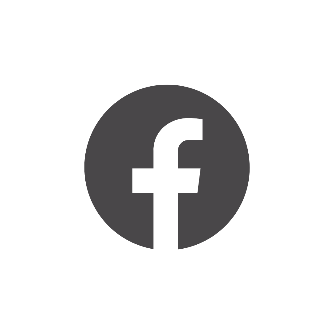 Facebook logo in a dark gray circle.